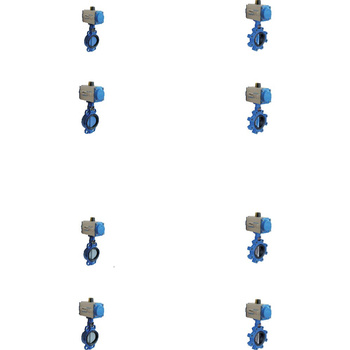 Przepustnica bezkołnierzowa SYLAX z napędem pneumatycznym SOCLA dwustronnego działania (ciśnienie powietrza zasilającego 6 bar), dysk: GGG40 epoksyd., wykładzina: EPDM, korpus: GG25 epoksyd., Pnom 0,6 MPa, tmax=120 st.C