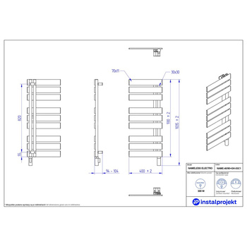 Grzejnik elektryczny (suszarka) INSTAL-PROJEKT NAMELESS ELECTRO, wym. 930 (1035 z grzałką)/400 mm, kolor czarny, moc 300 W