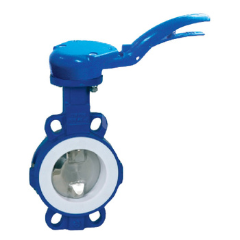 Przepustnica bezkołnierzowa LYCENE z napędem ręcznym dźwigniowym, dysk: Duplex, wykładzina: PTFE, korpus: GGG40 epoksyd., Pnom 1,0 MPa, tmax=200 st.C DN 65