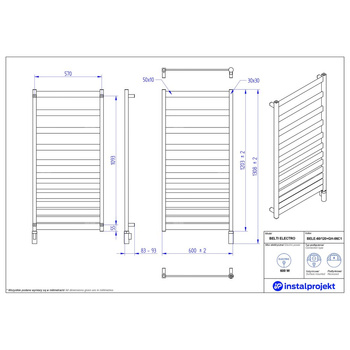 Grzejnik elektryczny (suszarka) INSTAL-PROJEKT BELTI ELECTRO, wym. 1203 (1308 z grzałką)/600 mm, kolor biały połysk,  moc 600 W