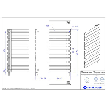 Grzejnik elektryczny (suszarka) INSTAL-PROJEKT NAMELESS ELECTRO, wym. 1186 (1291 z grzałką)/600 mm, kolor biały mat, moc 600 W