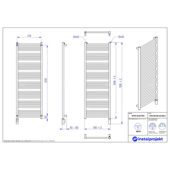 Grzejnik elektryczny (suszarka) INSTAL-PROJEKT STICK ELECTRO, wym. 1480 (1585 z grzałką)/500 mm, kolor biały połysk, moc 600 W