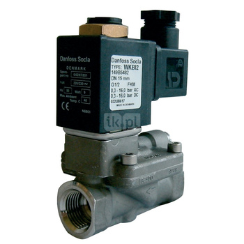 Typ WBI2 - zawór elektromagnetyczny z serwosterowaniem wraz z cewką, normalnie zamknięty, zasilanie: 230V 50Hz, uszczelki i membrana: FKM, Pnom 1,0 MPa, tmax=100 st.C. 1''