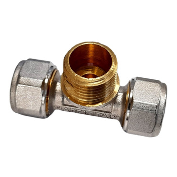 Trójnik QIK Skręcany do rur wielowarstwowych mosiądz 32 mm x 1'' x 32 mm (złącze skręcane x GZ x złącze skręcane)