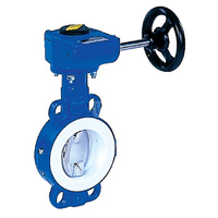 Przepustnica bezkołnierzowa LYCENE z przekładnią ślimakową, dysk: AISI316L, wykładzina: PTFE, korpus: GGG40 epoksyd., Pnom 1,0 MPa, tmax=200 st.C DN 100