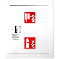 Hydrant DN 52 wnękowy z koszem, 600x500x200 mm, z miejscem na gaśnicę, wąż 15 m, zamek patent, RAL 9003