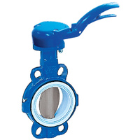 Przepustnica bezkołnierzowa TILIS z napędem ręcznym dźwigniowym, dysk: AISI316, wykładzina: PTFE, korpus: GGG40 epoksyd., Pnom 1,0 MPa, tmax=150 st.C DN 65