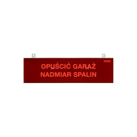 tablica ostrzegawcza "OPUŚCIĆ GARAŻ NADMIAR SPALIN", podświetlenie czerwone LED, wbudowana cicha syrenka, zasilanie 12/24V 